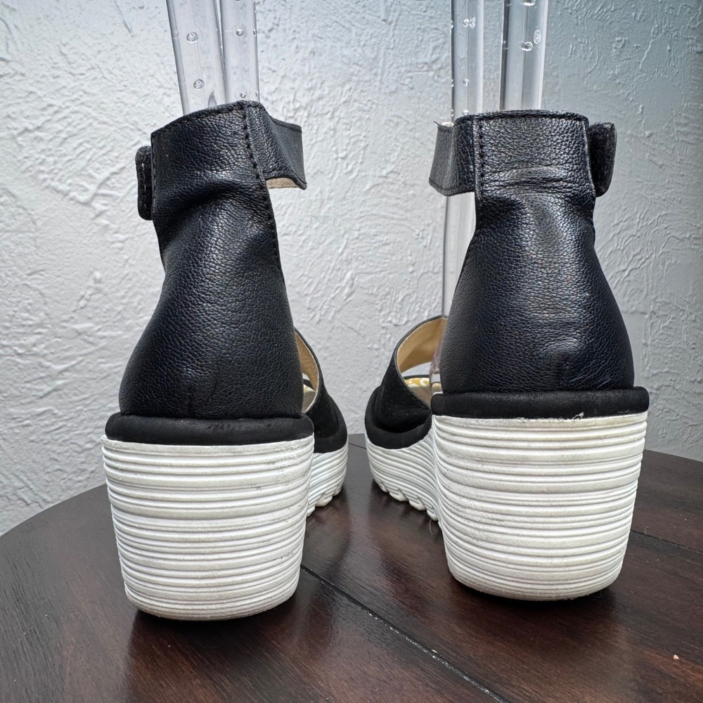 Fly London Yake Women's Size 38 (US sz 7) Perforated Leather Wedge Sandals Black - Picture 4 of 11